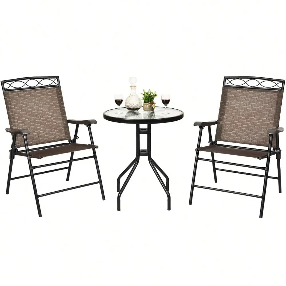 

3 PCS Bistro Conversation Patio Pub Dining Set W 2 Folding Chairs Glass Table