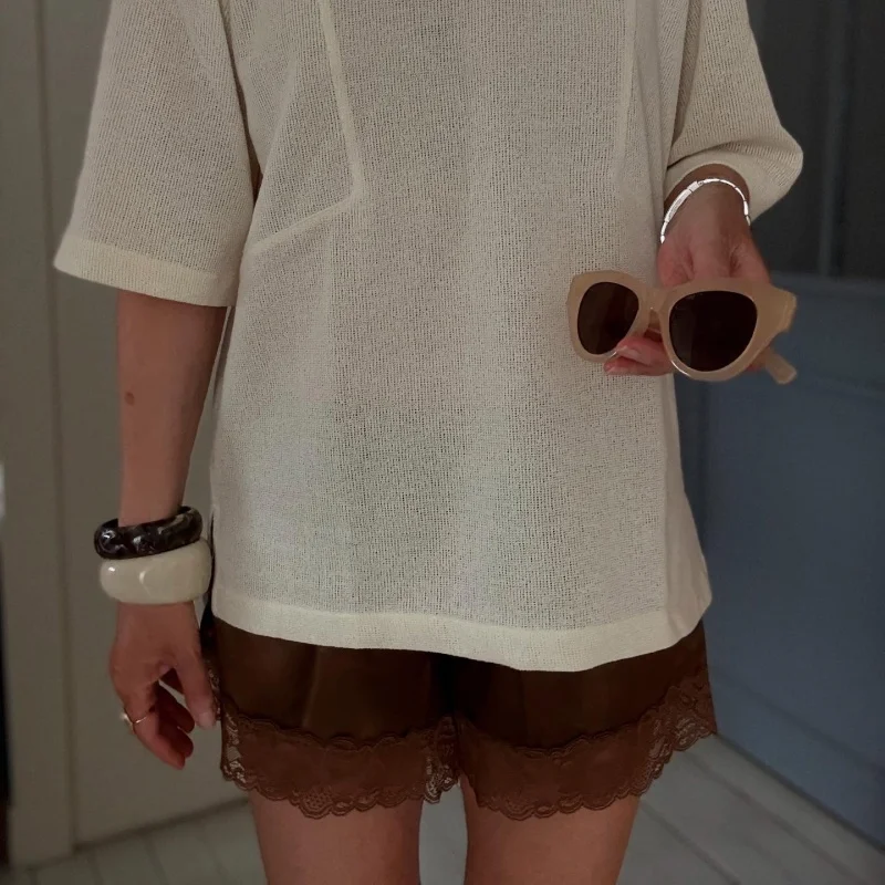 여성용 새틴 미니 반바지 레이스 트림 로우라이즈 마이크로 박서 반바지 하프 슬립 슬립웨어 Y2K 코케트 실크 라운지 슬립 파자마 팬츠