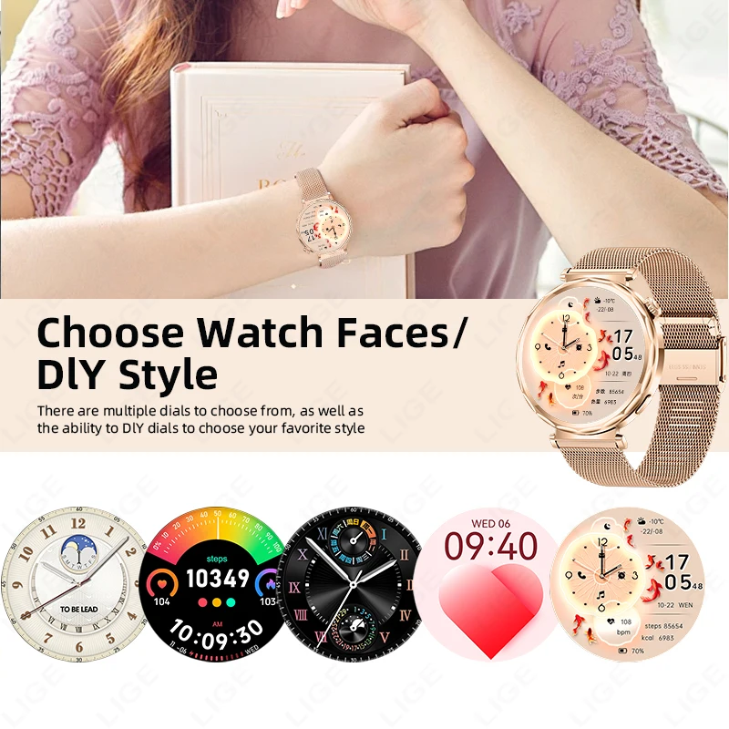 LIGE Luxus 1,07 "HD Bildschirm Smart Uhr Frauen Wasserdichte Bluetooth Anruf frauen Armband Gesundheit Überwachung Smartwatch Glück geschenk