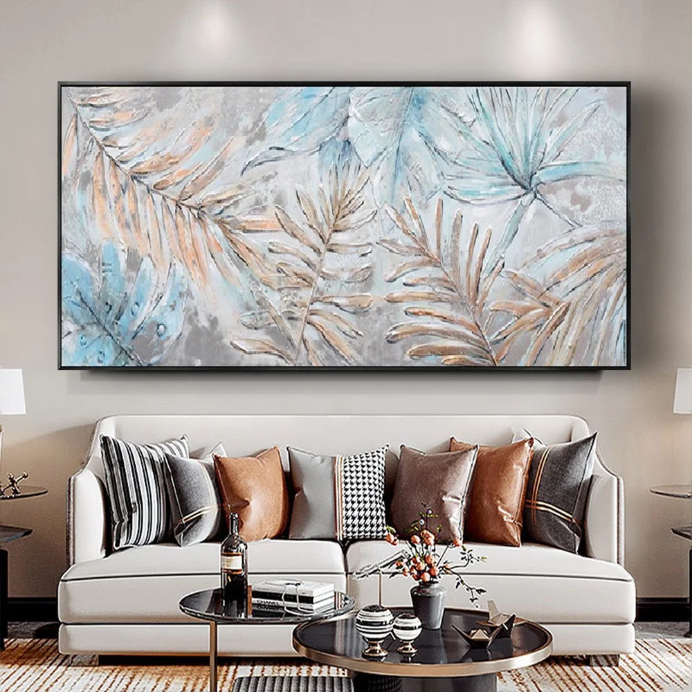 لوحة تجريدية مرسومة يدويًا على قماش الكانفاس لوحة جدارية أوراق زرقاء وفضية صور زهور حديثة لغرفة المكتب ديكور منزلي شمالي