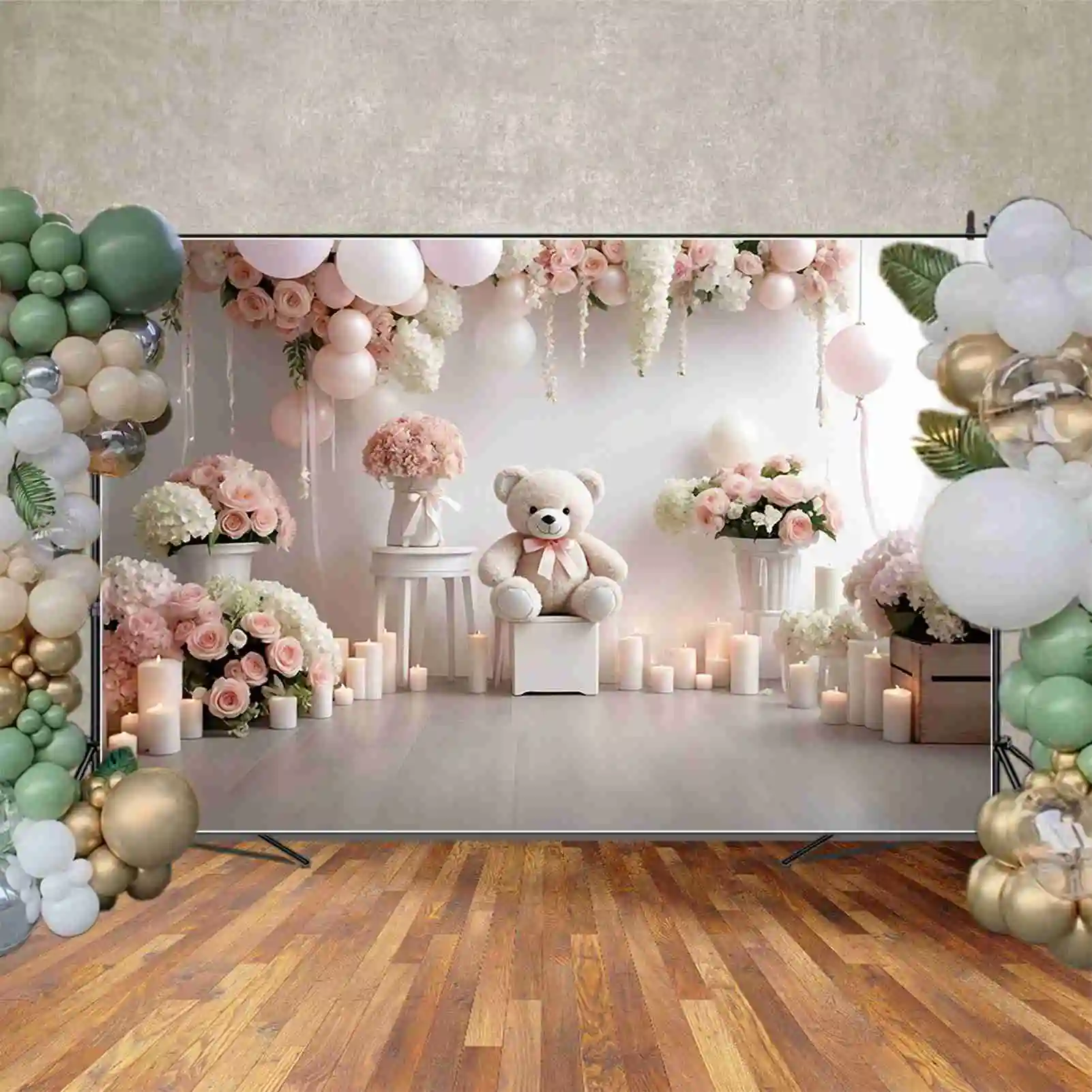 MOON.QG 꽃 풍선 생일 배경 어린이 테디 베어 꽃 화환 배경, 맞춤형 파티 포토콜 소품, 1 년