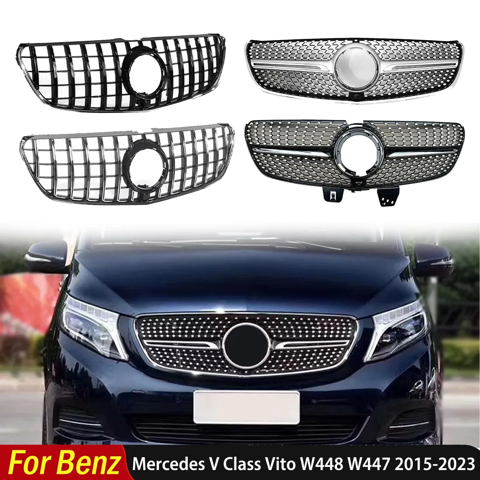 For Mercedes Benz V Class Vito W448 W447 2015-2023 Middle Mesh Tuning Sport GT Diamond Style Front Inlet Grille Radiator Grill