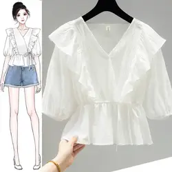 Women Clothing Summer New Short Sleeve Pleated Loose Sweet Blouse Solid Color V Neck Lacing Fashion Shirt Tops Elegant Vintage