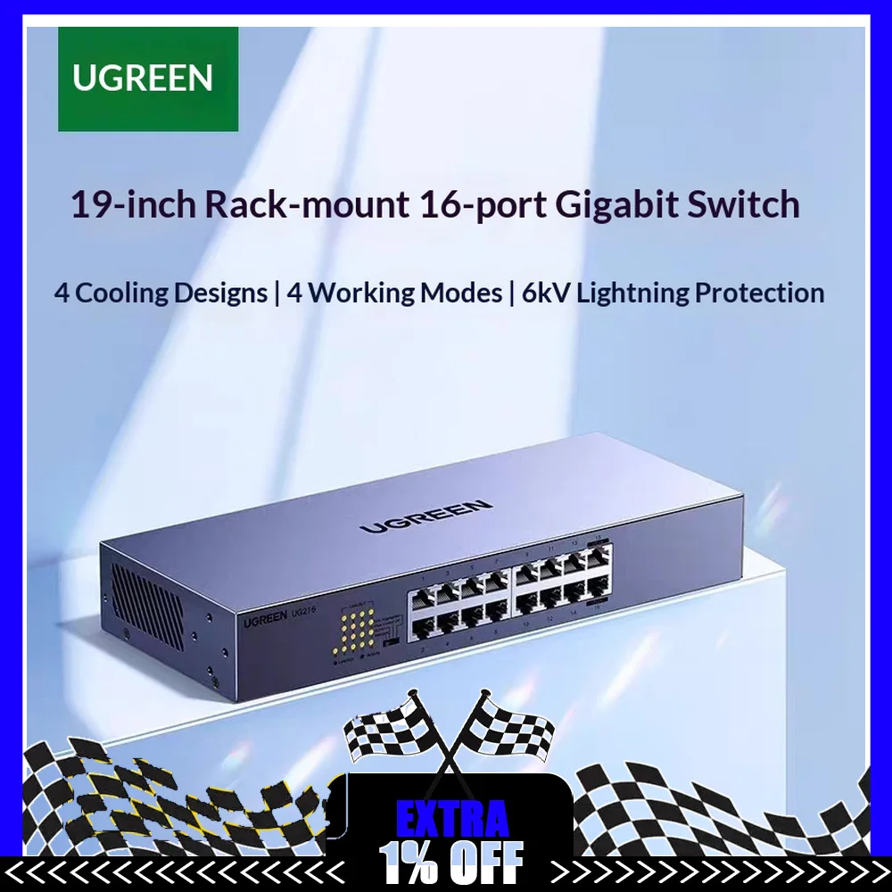 UGREEN CM939 75289 16 Port Gigabit Ethernet Switch 32Gbps Rackmount Network Splitter Plug and Play