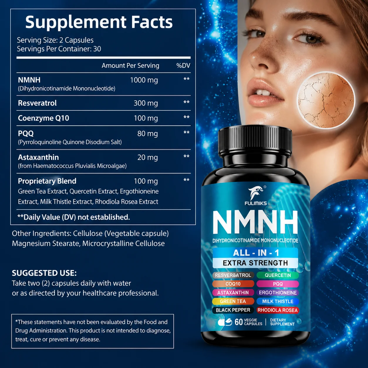 NMNH All-in-One Capsules, with Resveratrol, CoQ10, PQQ, Quercetin, Astaxanthin, Ergothioneine, Milk Thistle, Green Tea & Rhodiola Rosea, Support Cellular Energy & Healthy Aging, Powerful Antioxidant Protection, Maintain Skin Wellness & Body Vitality