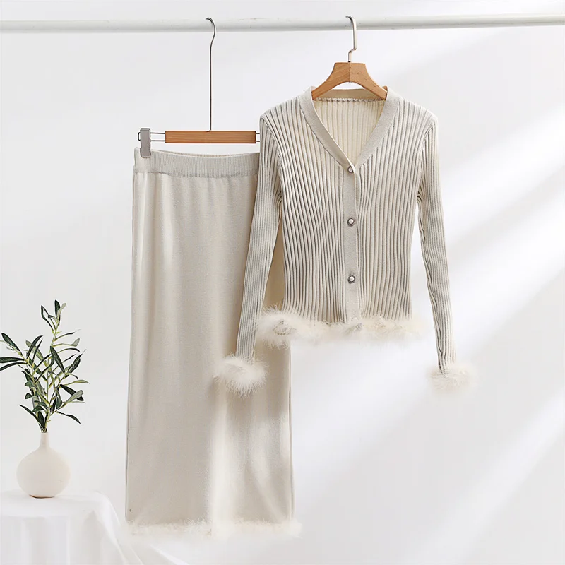 Elegant Faux Fur Knit Two Piece Skirt Set Women 2 Piece Ribbed Cardigan Dress Sets Winter Knitted Two Piece Women Sets 2024