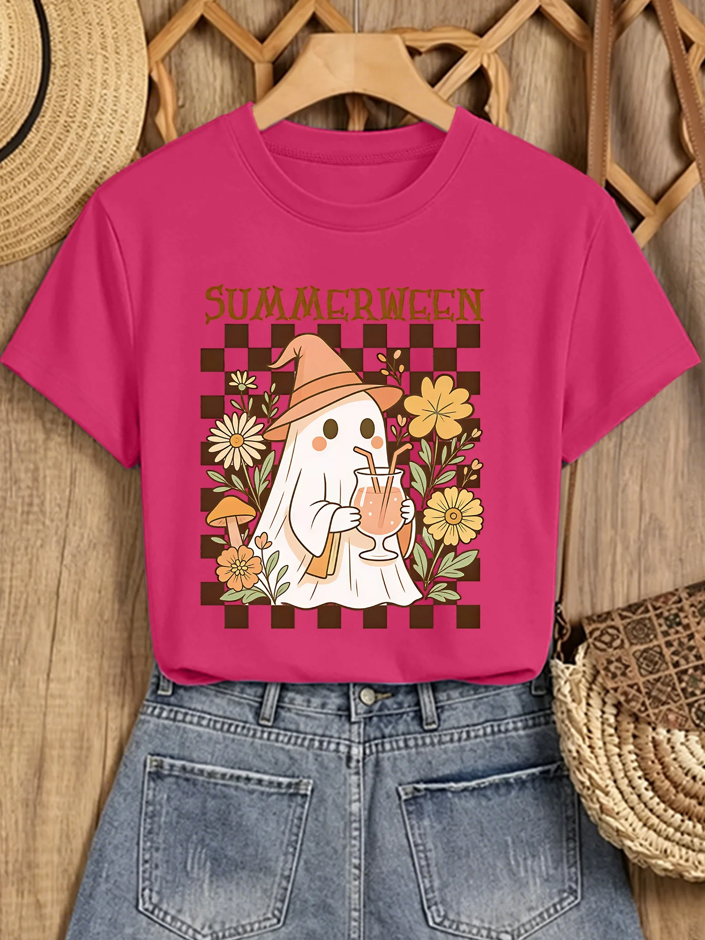 Halloween Ladies SUMMERWEEN Checkerboard Flower Mushroom Wearing Wizard Hat Ghost Text Print Round Neck T-shirt Comfortable Top