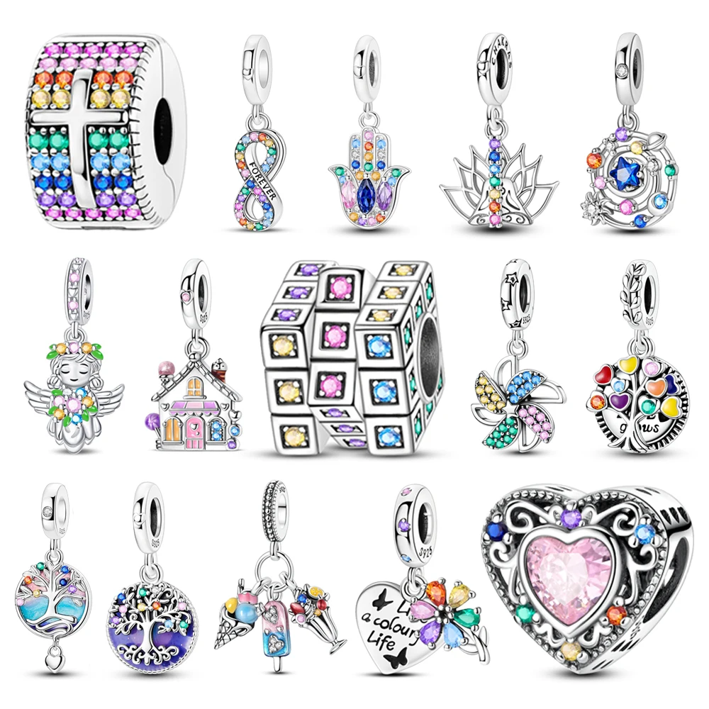 

Sparkling 925 Sterling Silver Colorful Zircon Fixed Clip Beads & Angel Dangle Charm Fit Bracelet & Necklace Exquisite Gifts