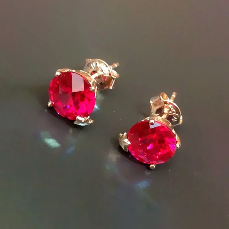 Clássico 585 ouro rosa brincos redondos para mulheres, rubi estrela, chapeado 14k ouro rosa, banquete e jóias de festa