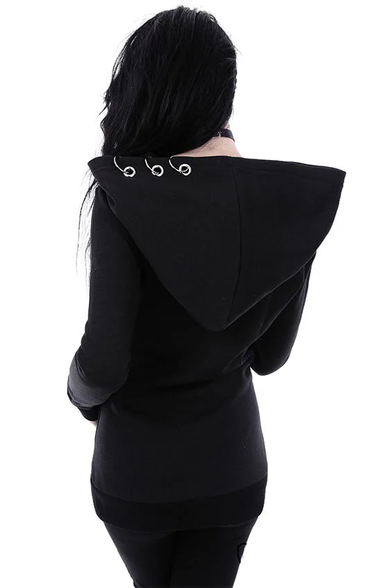 New Arrived Gothic Hooded Coats Black Grommets O-ring Zip Up Pocket Outwears Tops Spring Autumn Wide-waisted Jacket