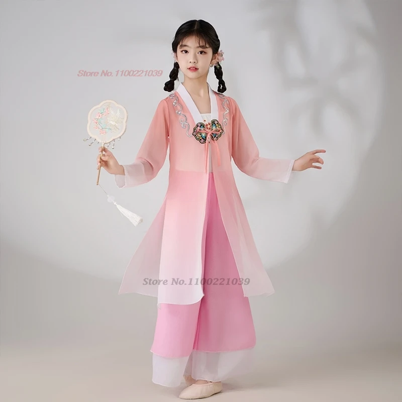 2025 traje de Baile Folclórico tradicional chino para niños puesta en escena tops de color degradado + Pantalones conjunto de baile bordado de flores