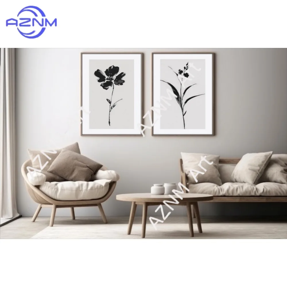 1/2 Stück schwarze Blumen-Linienkunstdrucke: Minimalistisches Boho-Dekor-Set mit Drucken für Zuhause