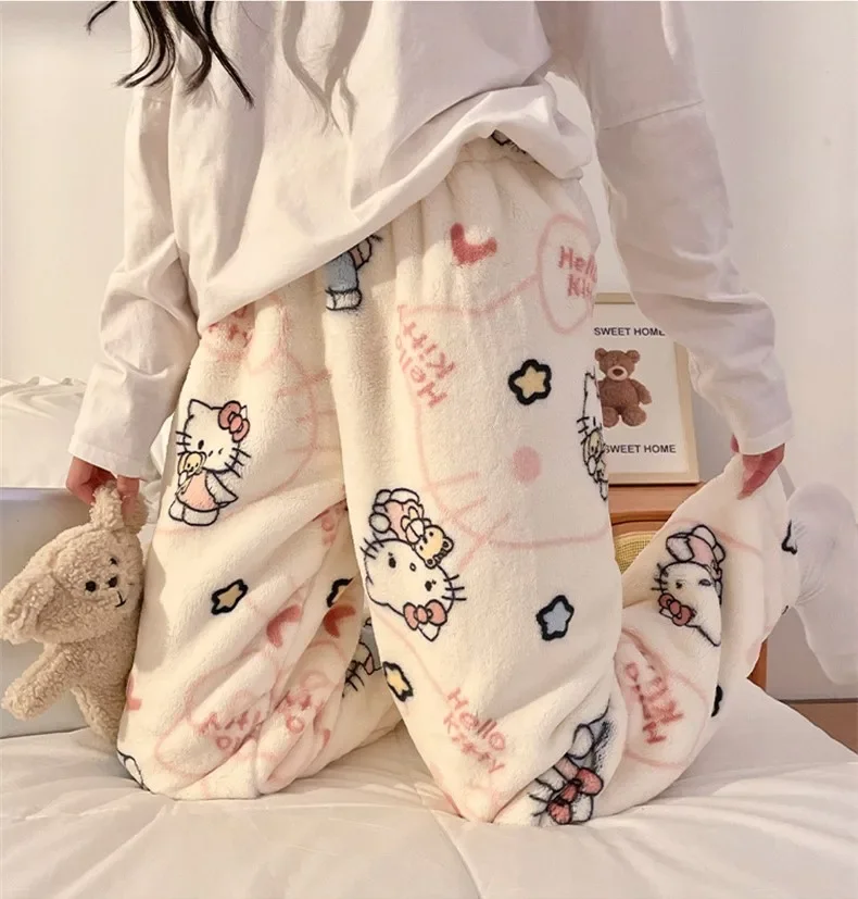 Sanrio Hello Kitty pantalones de pijama para mujer moda de dibujos animados ropa de dormir de casa pantalones de Anime ropa de ocio para el hogar regalo de pareja Kawaii