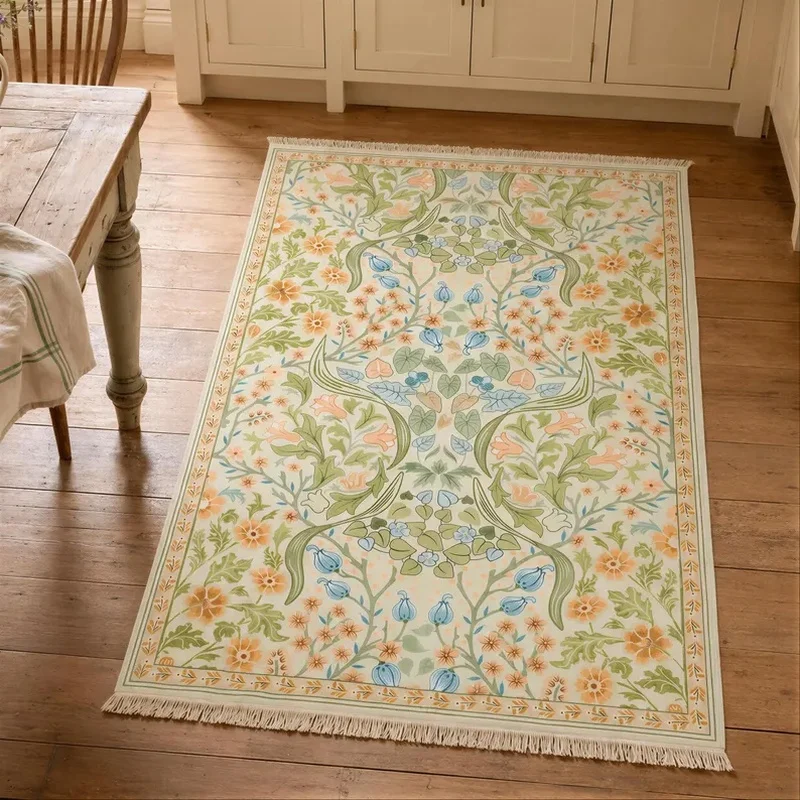 VIKAMA William Morris Style Floral Vintage Cream Carpet Non-Slip Mat Botanical Living Room Bedroom Decor Rug