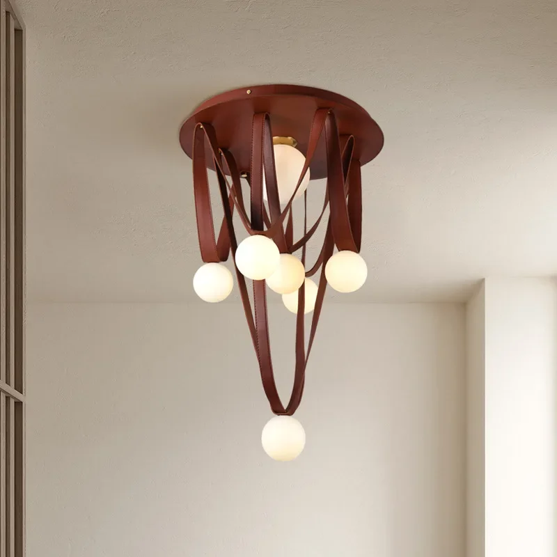 

2026 for Nordic Lamp Brown Leather Ceiling Chandelier Modern Round Living Room Bedroom Home Decor Lighting LED Fixture for
