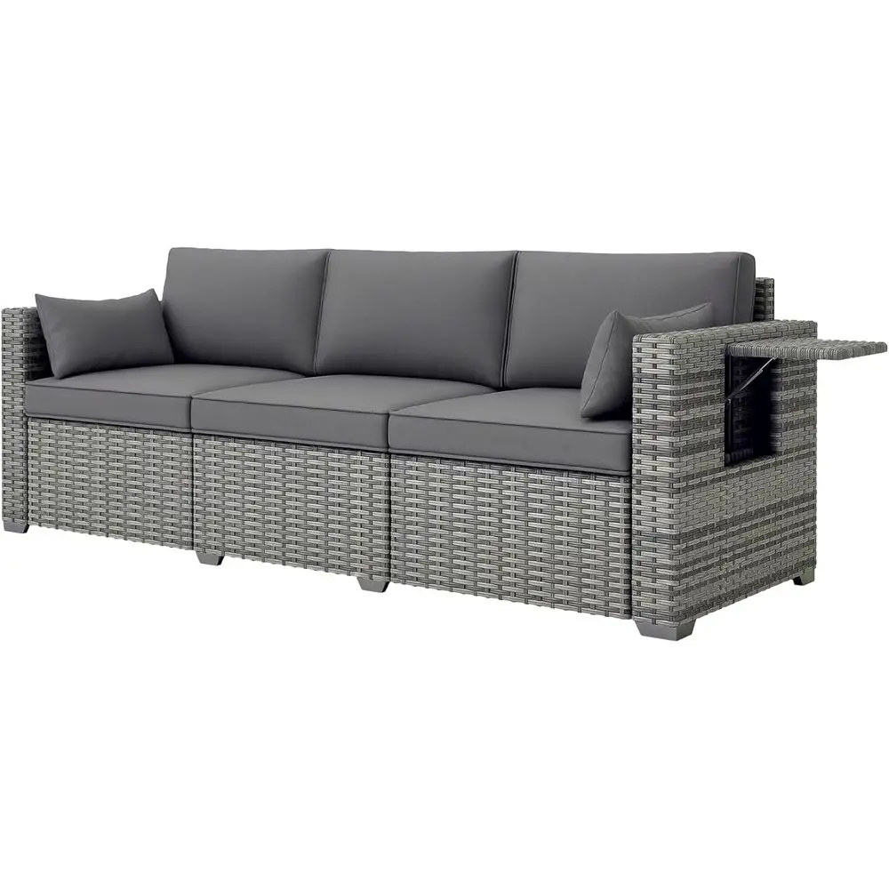 

3-Seat Wicker Outdoor Sofa with Side Tables, Thick Cushions, Deep Seating for Patio, Garden in Mixed Gray