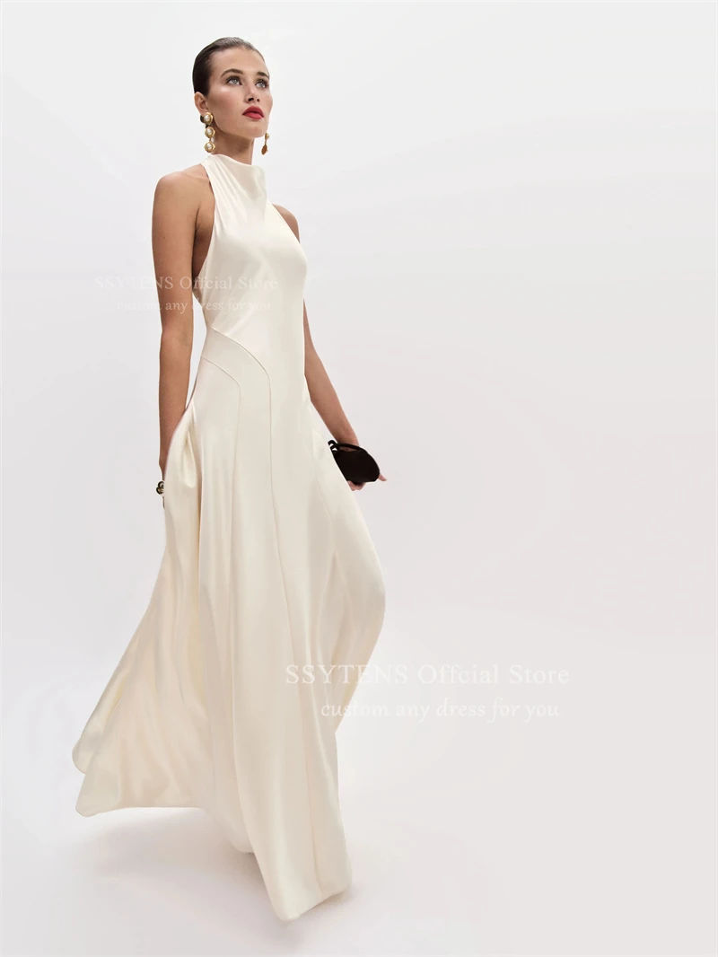 SSYTENS Abiti da sposa sexy in raso di seta senza schienale Collo alto Abiti da sposa semplici da spiaggia personalizzati da donna Abiti da festa formali bianchi
