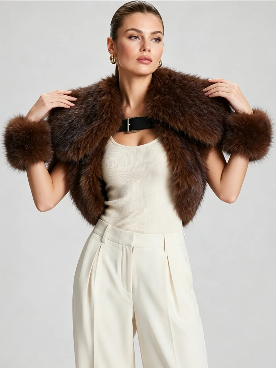 LIMO Women Luxury Brown Faux Fur Shoulder Cape with Cuff Set  Strap Fluffy Warm Winter  for Party Evening Wear