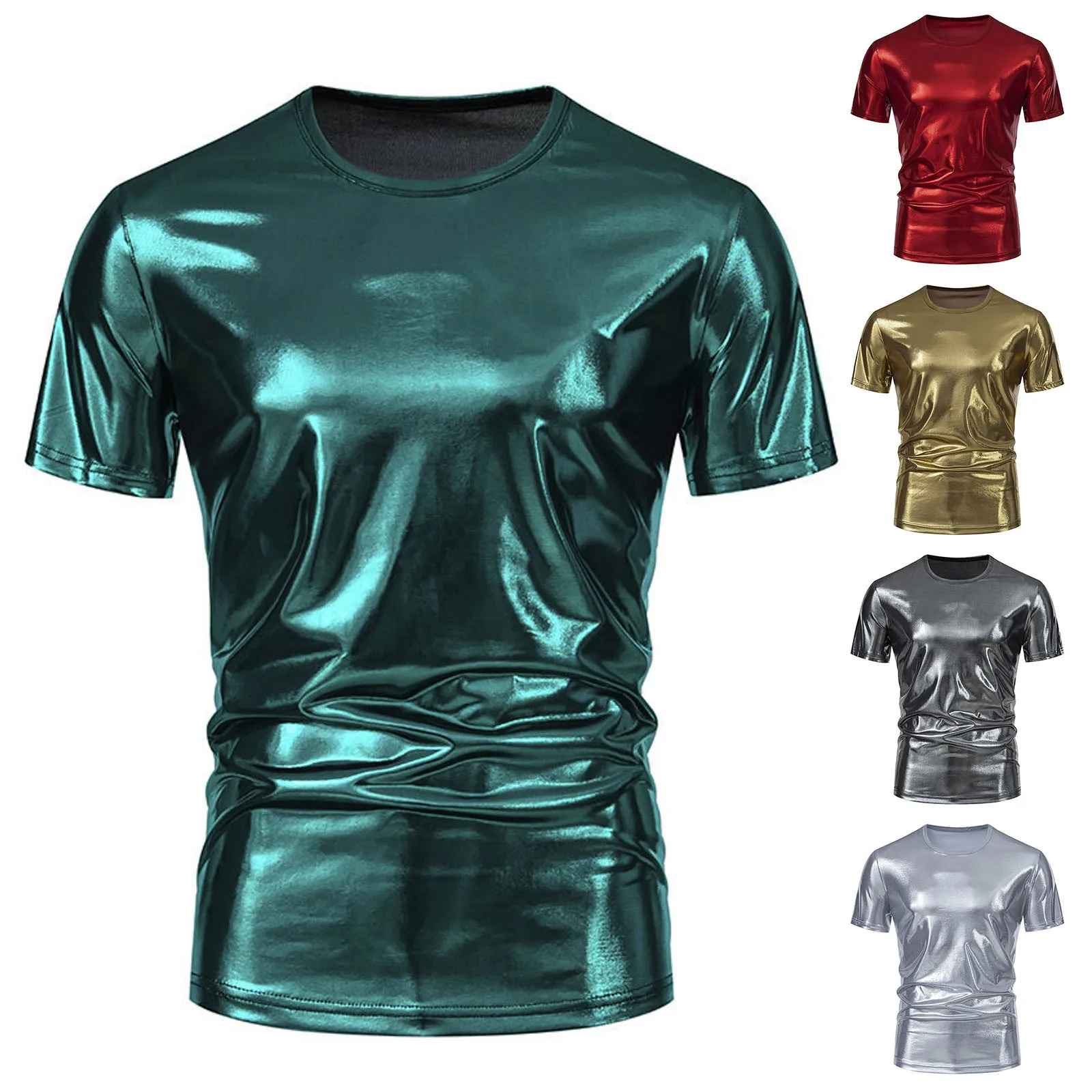 Mens Fashion Trendy Party Stage Glossy Short Sleeved Round Neck T Shirt For Men Casual Vintage Short Sleeve T-shirt