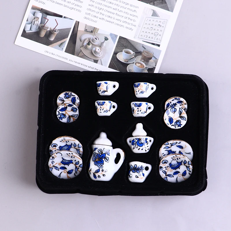 15Pcs 1:12 Dollhouse Miniature Tableware Porcelain Ceramic Tea Cup Set