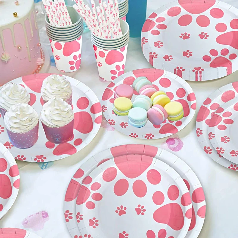 Pink Dog Paw Prints Disposable Tableware Set Puppy Themed Paper Plates Cups Napkins Pennants Baby Shower Birthday Party Decor