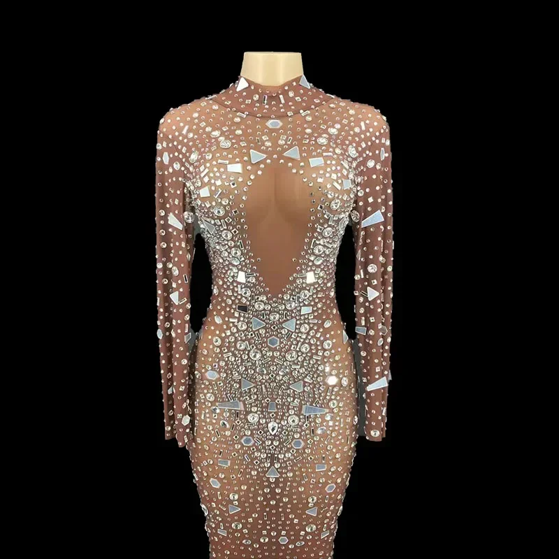 Perfect Women Gift Rhinestone Mirror Transparent Long Dress Evening Birthday Celebrate Costume Women Dancer Prom Dress New Year