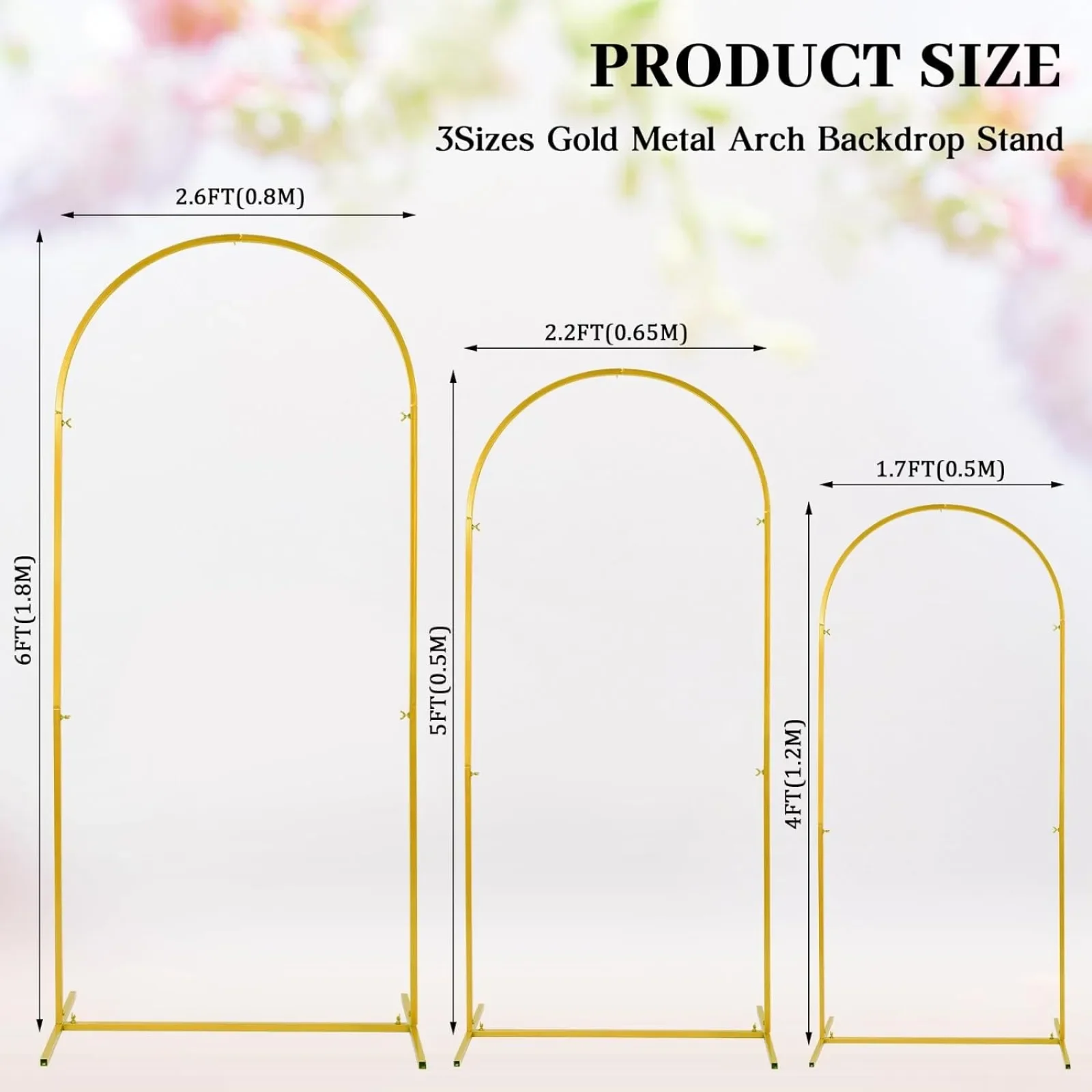 3 Sets Gold Metal Wedding Arch Arched Backdrop Stand and 3 Pcs Arch Cover 6ft/5ft/4ft Garden Arbor Frame Birthday Party Ceremony