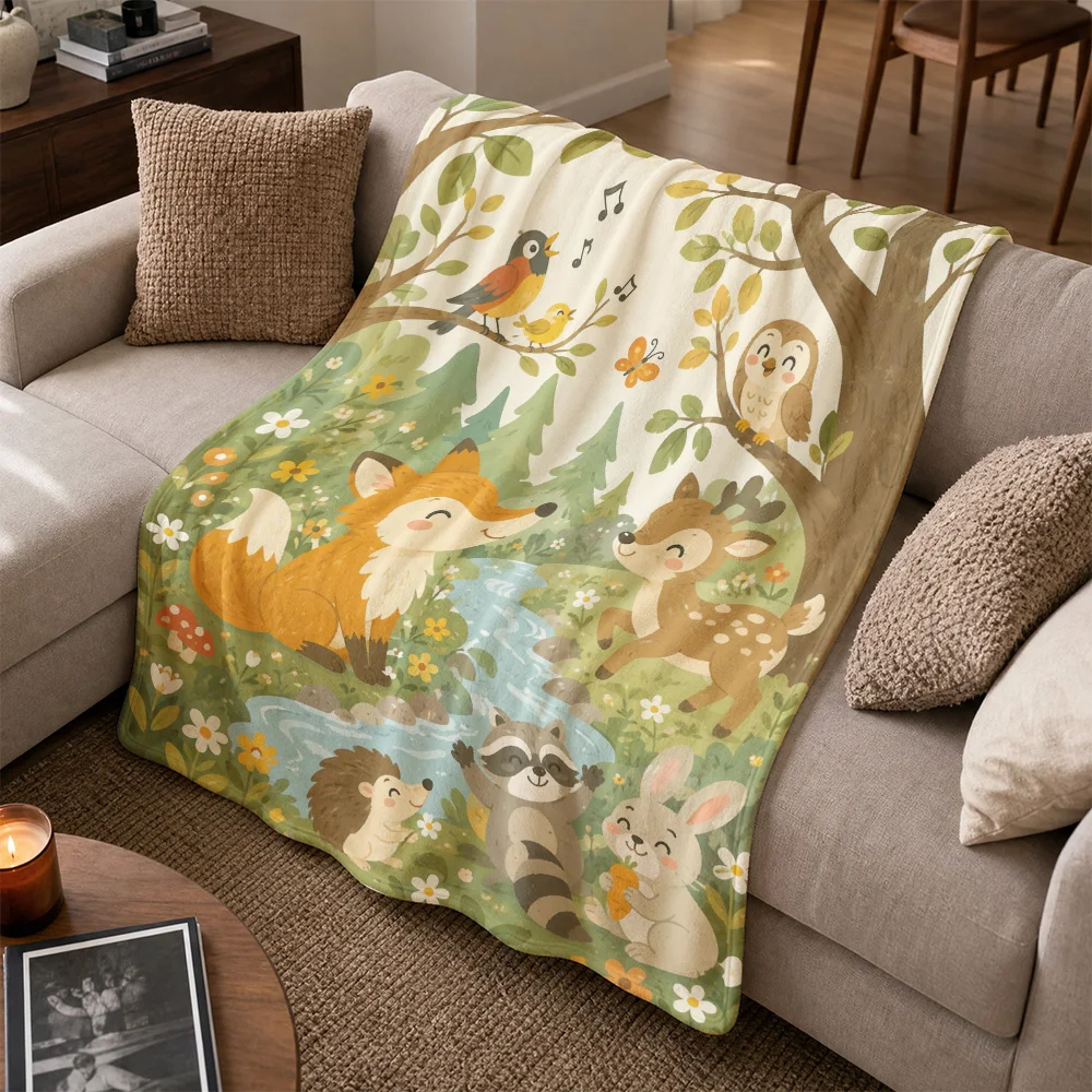 Cozy Forest Woodland Animal Throw Blanket Sofa Couch Cover Boho Decor Nursery Kids Gift Nature Friends Cartoon Print Winter Autu