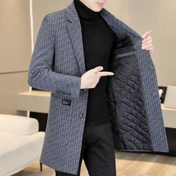 Business Casual Men's Woolen Coats 2024 Autumn Winter Mid-Length Warm Overcoat Outwear Solid Cotton-Thicken Windbreaker Jackets