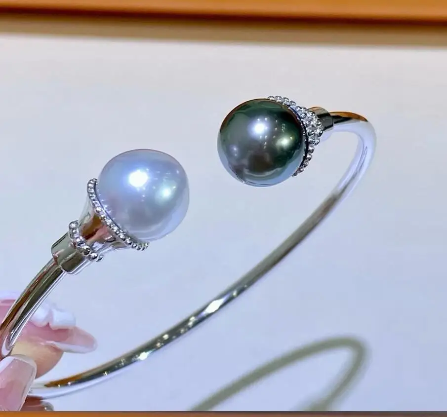 

Stunning 10-11mm South Sea Round White Black Pearl Bracelet 7.5-8" 925s