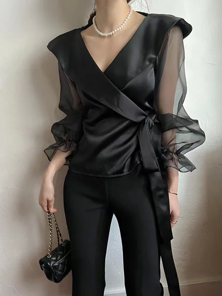 Perspective Gauze Patchwork Flare Sleeve Shirts Turn-down Collar Gloss Satin Blouse Women Korean Chic Belt Slim Wasit Solid Tops