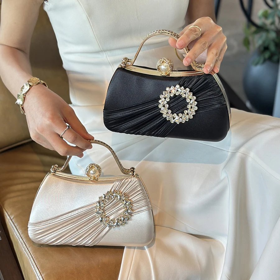 Luxury Satin Pleated Shoulder Bag Women Party Dinner Bags Fashion Ladies Elegant Formal Chains Crossbody Daily Purse Handbag Sac