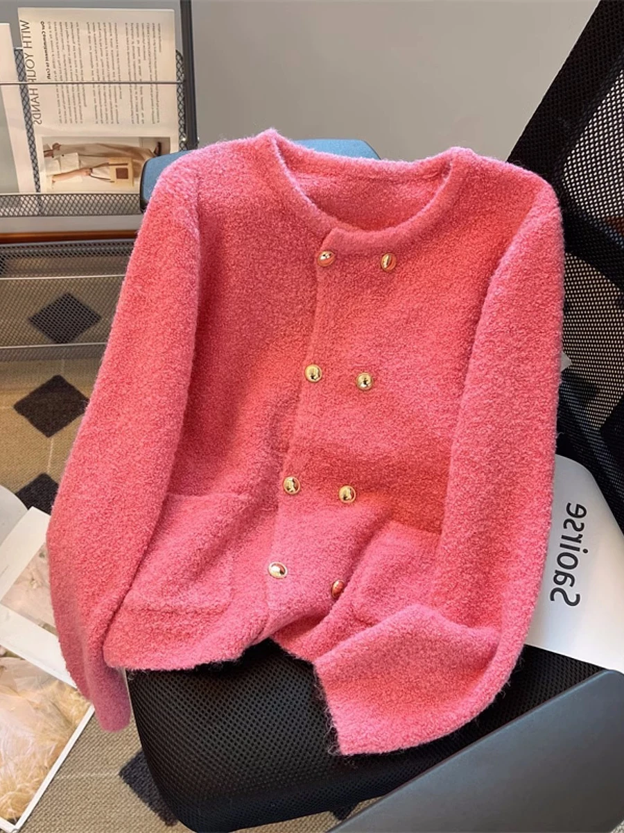 

Женский открытый кардиган Sweet Sle, свитер с двойной пуговицей, свободный длинный свек, круглая трикотажная верхняя одежда, осень-зима, Новое поступление