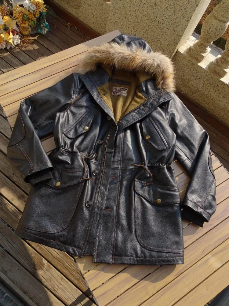 Winter Mens Luxury Retro Cowhide Hooded Jacket Warm Windproof Black Real Leather Overcoat Loose Male Mid-length Pocket Jackets