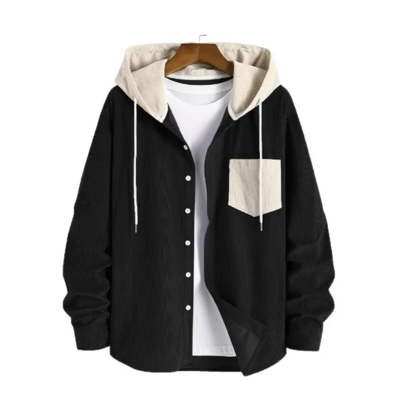 Color Blocking Thickening Warm Shirt Spring Fashion Corduroy Hooded Jacket Is Comfortable and Casual for Daily Commuting for Men