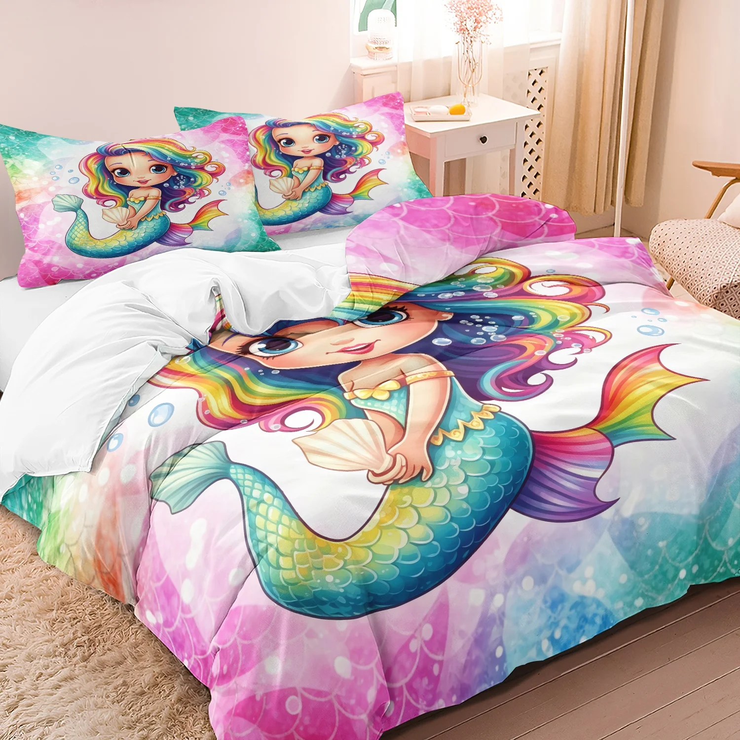 3Pcs Rainbow Mermaid Themed Print Duvet Cover Set, Colorful Mermaid, Fish Scales and Bubbles Print Bedding, Bedroom Decoration