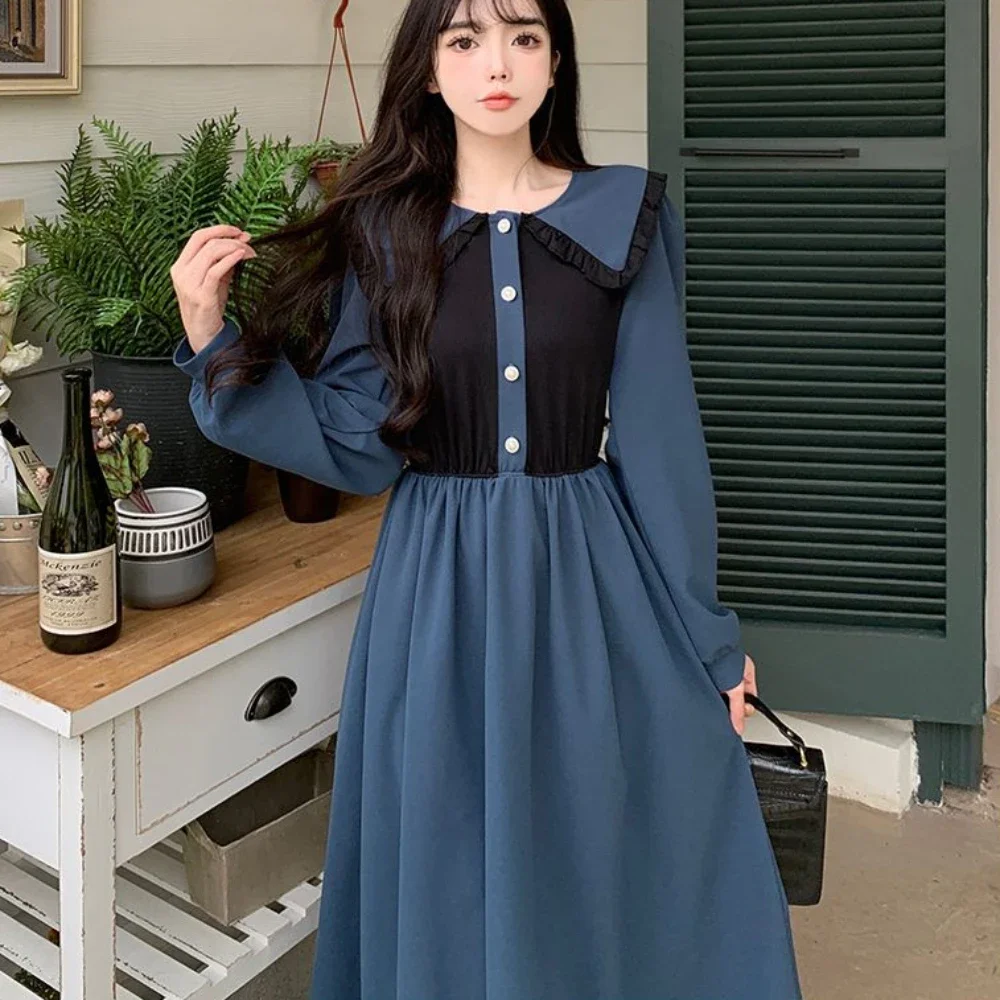 Fake Two Pieces Preppy Style Dresses Women Hepburn Streetwear Youthful Patchwork French Vintage A-line Girls Slim Pleated Chic