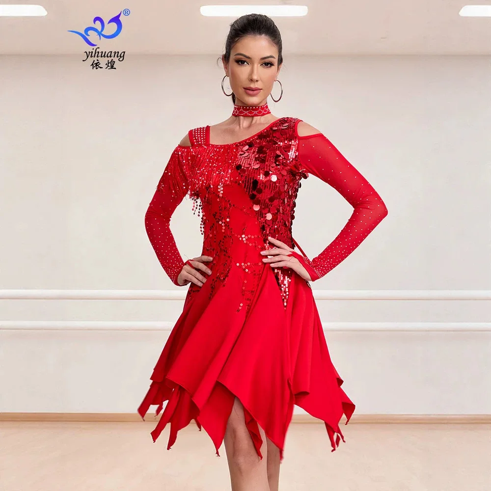Latin dance dress table performance  dance professional dance sequined long-sleeved fringed dress