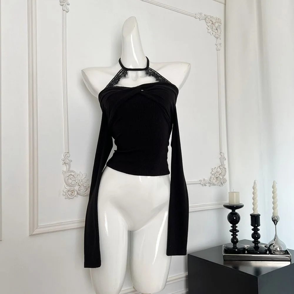 

Purple shoulder neck knitted bottoming shirt Spice Girl Lace Short Off-Shoulder Top