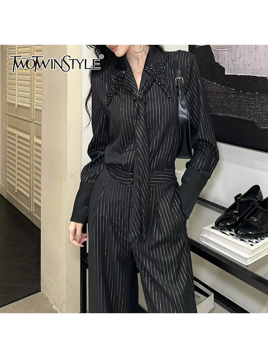 

TWOTWINSTYLE Spliced Striped Two Piece Sets for Women Lapel Long Sleeves Top High Waist Wide Leg Pant Fashion Set Female Clothes