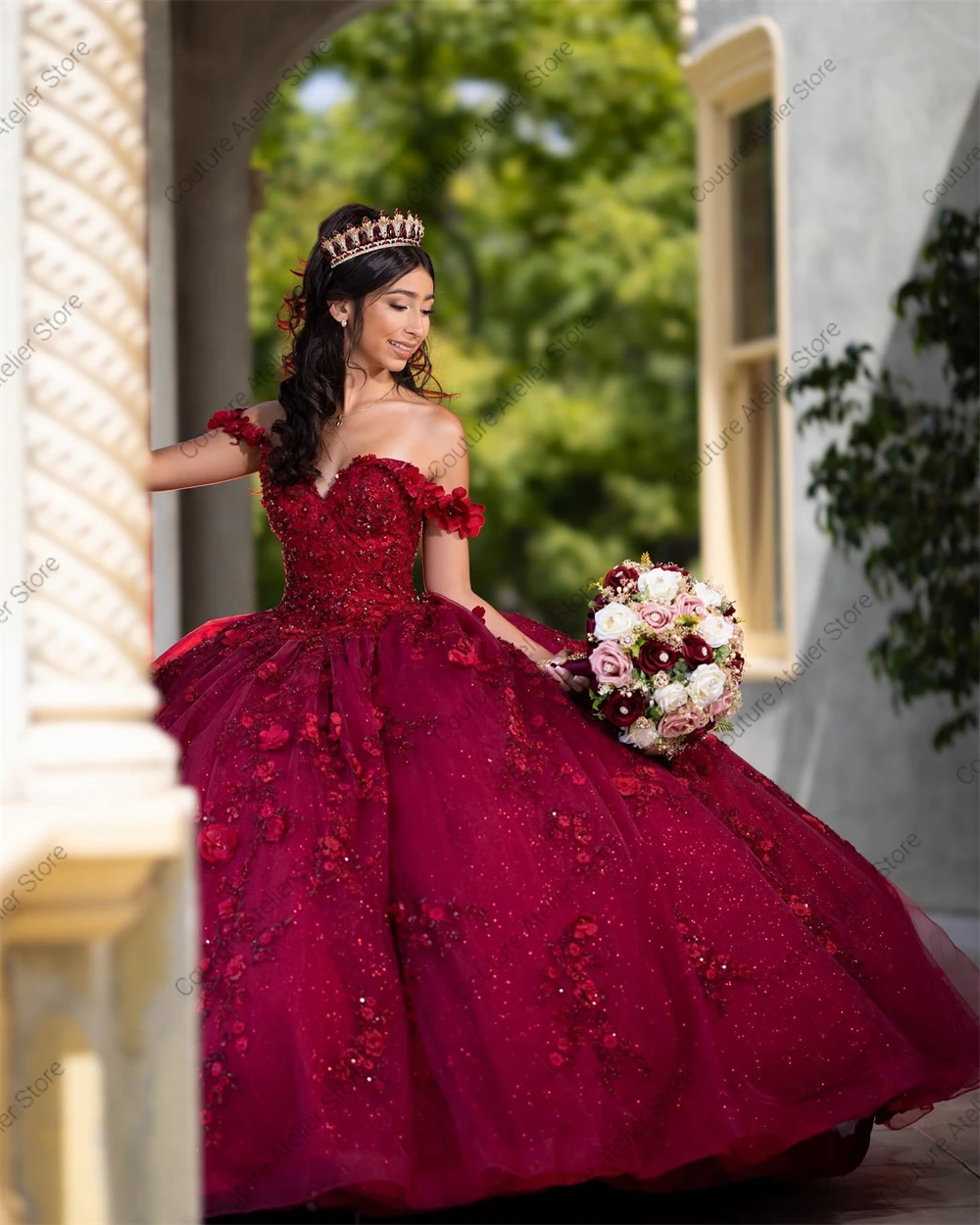 فساتين Quinceanera مطرزة بالزهور ثلاثية الأبعاد باللون العنابي، ثوب حفلة مكسيك مزين بالدانتيل، 15 فستان تخرج الأميرة مخصص