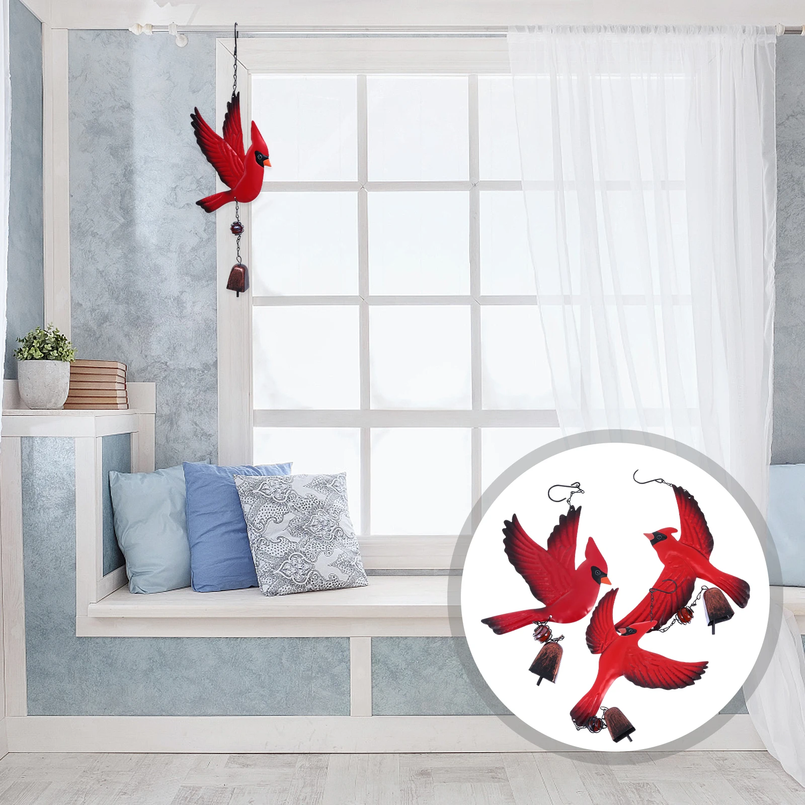

3pcs Iron Wind Chimes Red Bird Shaped Pendants Hanging Sculpture for Garden Home Decoration Durable Material Pleasing Sounds
