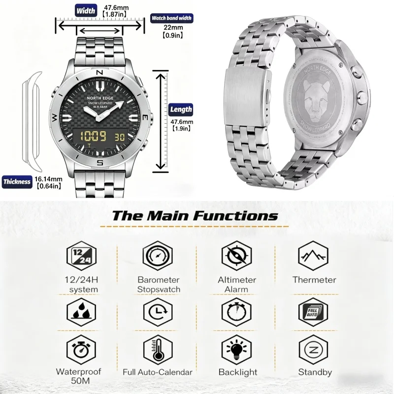 NORTH EDGE Men Outdoor Digital Watch 50M Waterproof Compass Altimeter Barometer Watch for Hiking Swimming Sports High End Watch