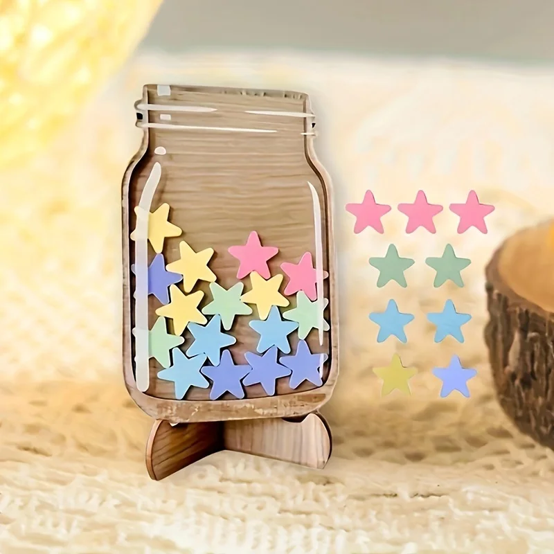 1Pc New Wooden Star Reward Jar, Creative Wooden Craft Desktop Ornament with Star, Home Table Decorative Figurine Back to School