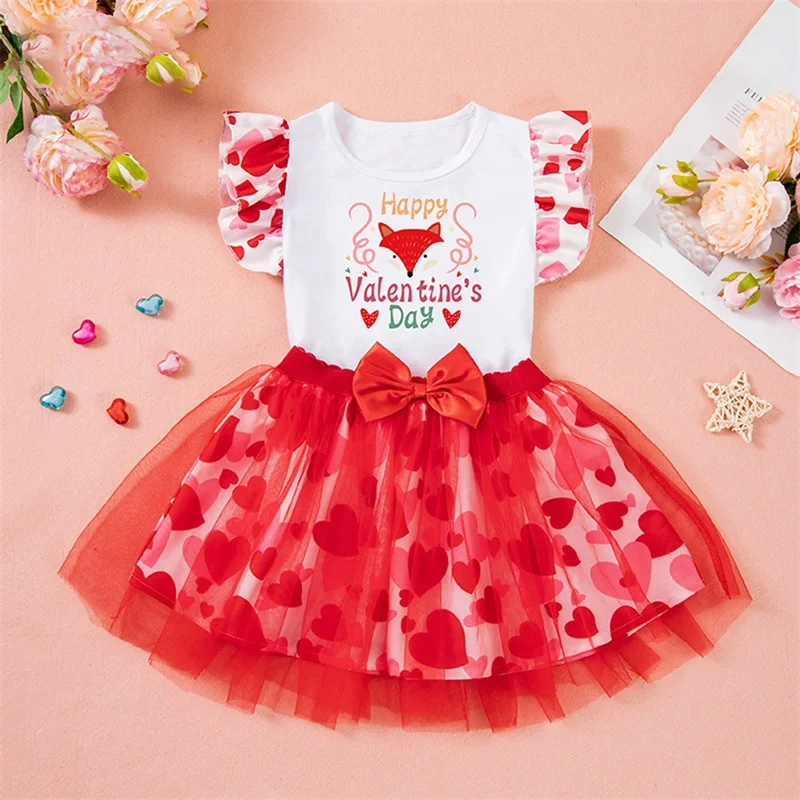 

Toddler Girls Valentine’s Day Outfits Ruffled Fly Sleeve Letter Print Tops + Tulle Skirt Set Baby Clothes