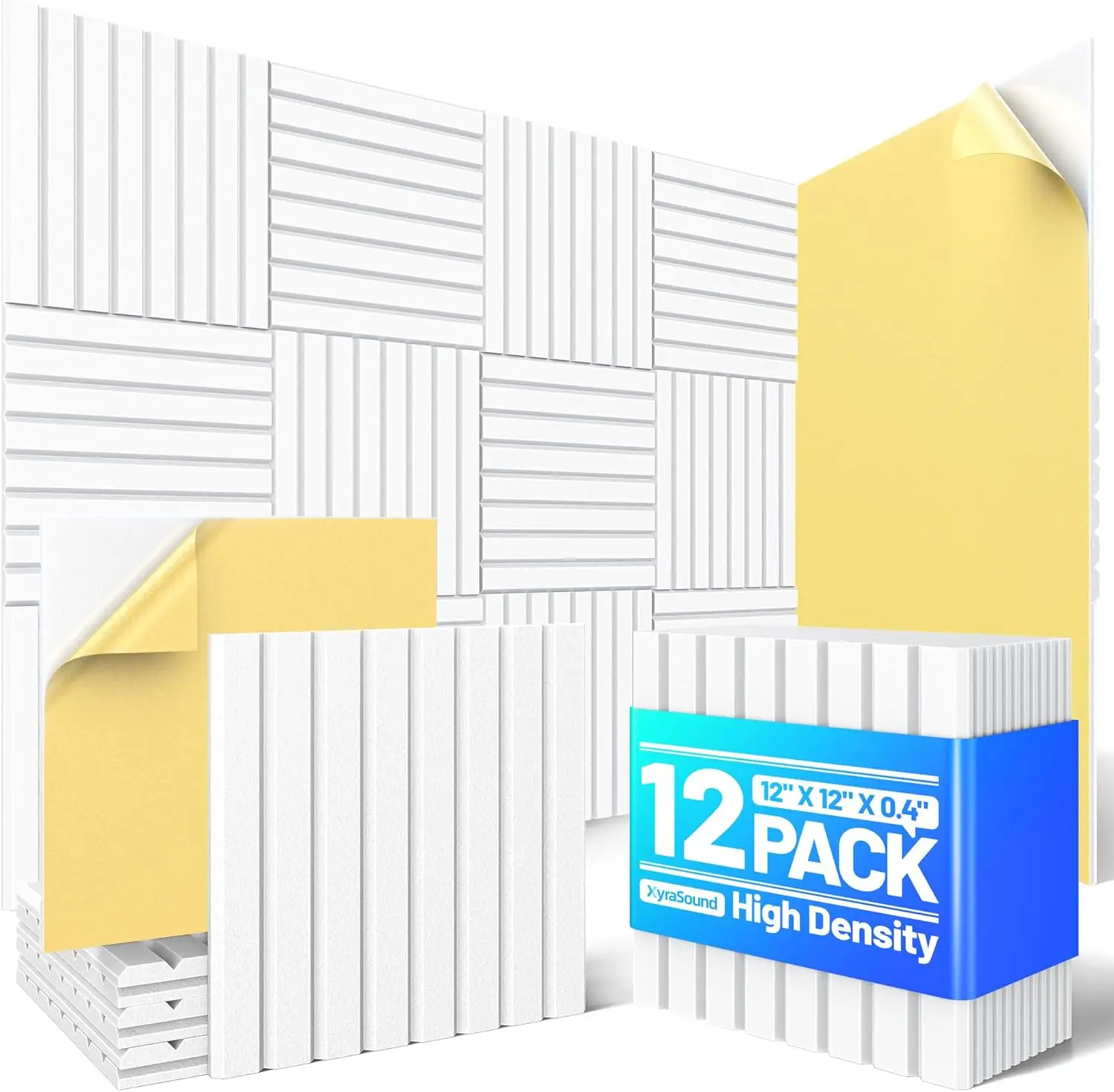 

12 Pack Acoustic Foam Panels, Self-Adhesive Soundproof Wall Tiles for Studio Decor - White