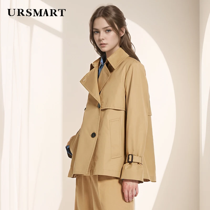 Short Khaki Women\'s Trench Coat – Loose Fit Minimalist Custom Comfortable Cotton Windproof Windbreaker