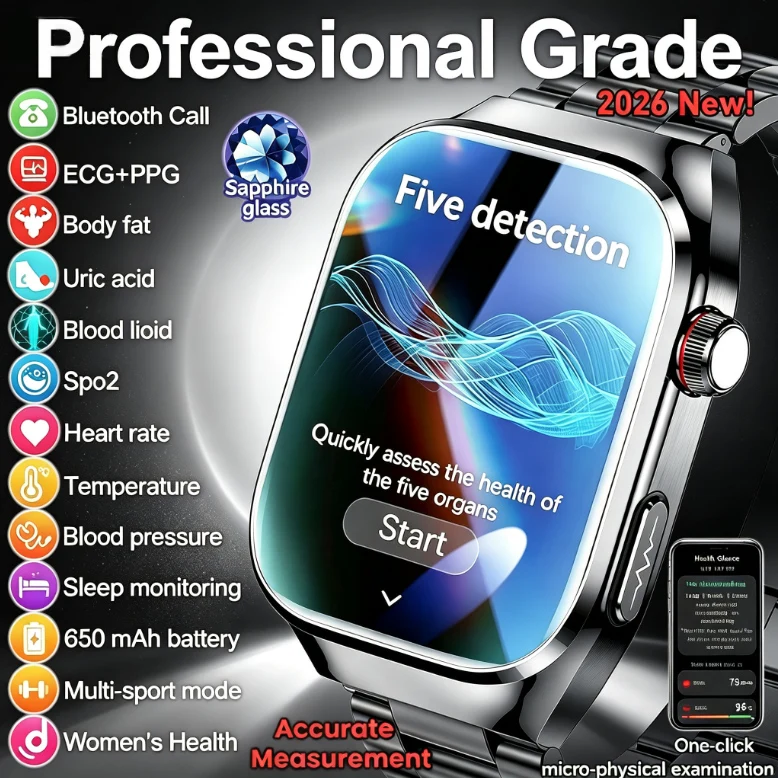 2026 AI Laser Diagnosis Health Smart Watches Men ECG+PPG Blood lipids Uric acid Heart Rate Blood pressure Sports Call Smartwatch