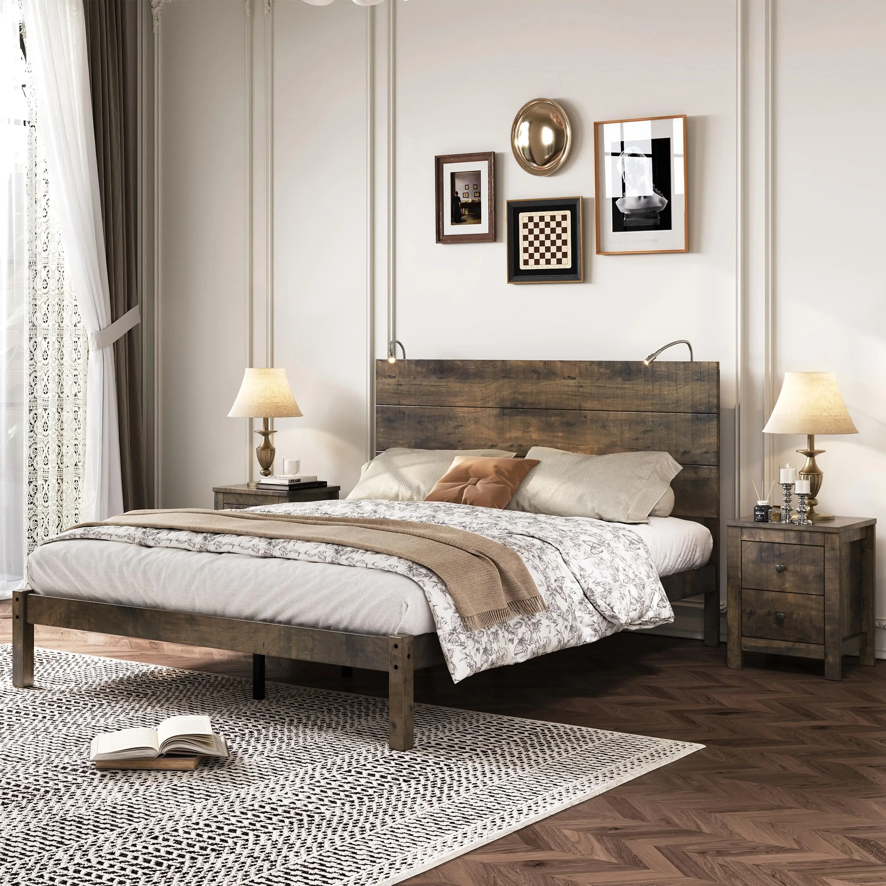 Conjunto de quarto de fazenda queen size de 3 peças - cama de plataforma com 2 mesinhas de cabeceira e luzes de cabeceira, nogueira antiga