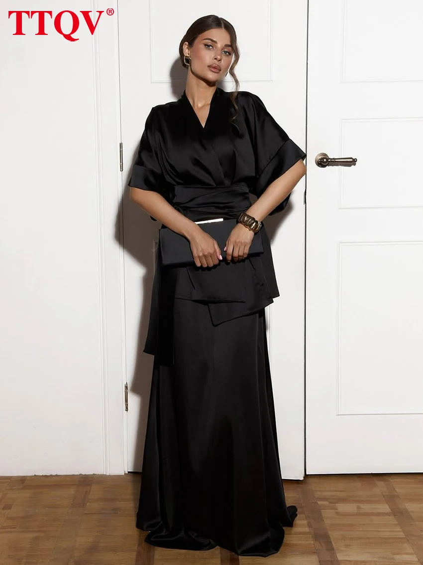 

TTQV Fashion Loose Black Satin 2 Piece Set Women 2026 Elegant Short Sleeve Robes With High Waist Maxi Skirt Set Female Clothing